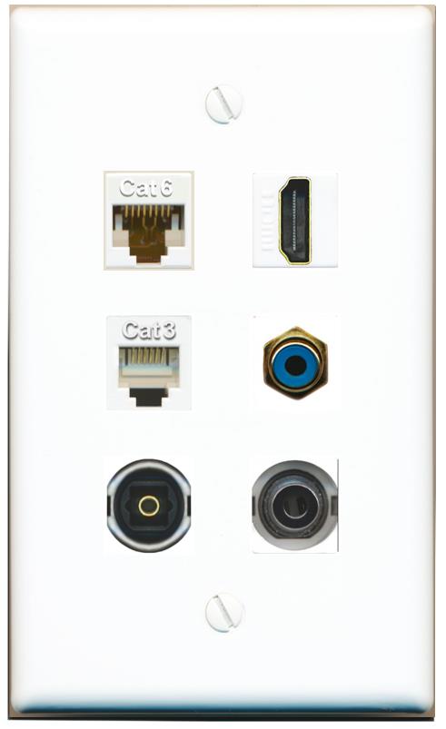  3.5mm CAT6 HDMI PHONE RCA-BLUE TOSLINK Flat/Solid Wall Plate [White]