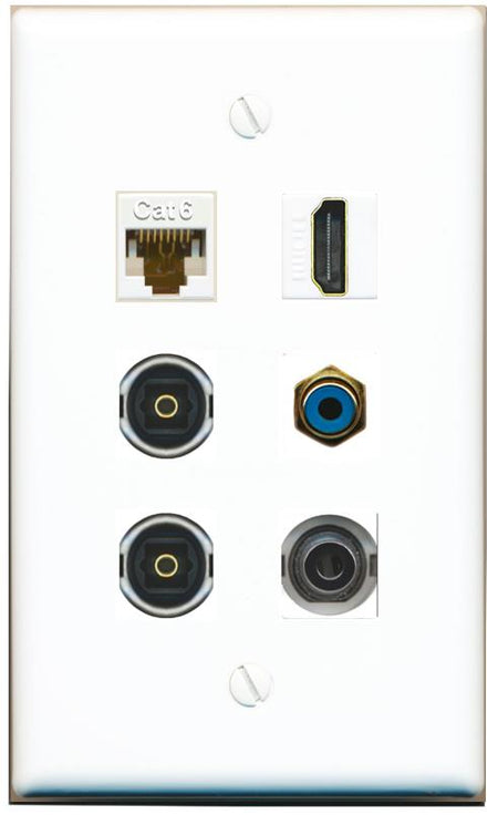 3.5mm CAT6 HDMI RCA-BLUE 2 TOSLINK Flat/Solid Wall Plate [White]