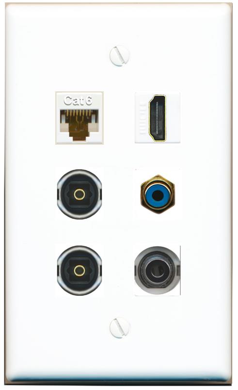  3.5mm CAT6 HDMI RCA-BLUE 2 TOSLINK Flat/Solid Wall Plate [White]