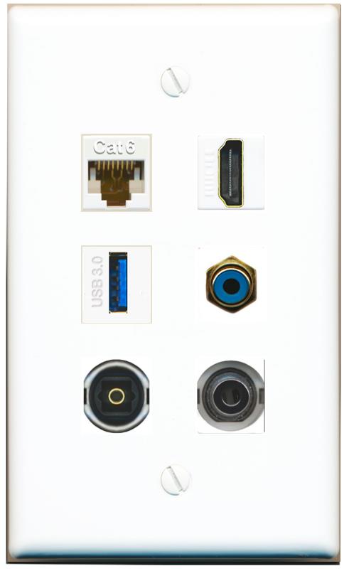  3.5mm CAT6 HDMI RCA-BLUE TOSLINK USB-3 Flat/Solid Wall Plate [White]