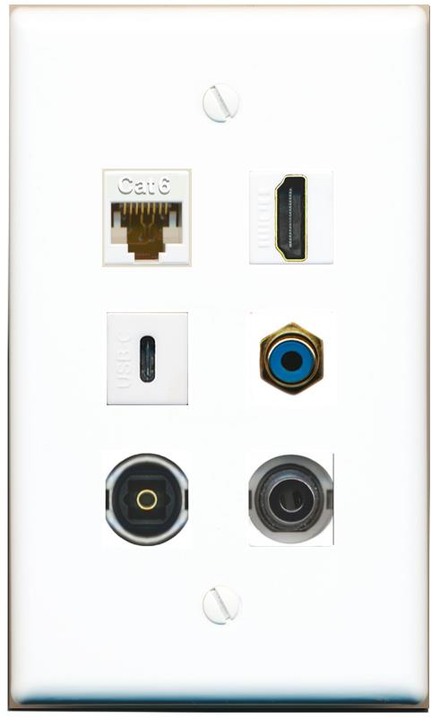  3.5mm CAT6 HDMI RCA-BLUE TOSLINK USBC Flat/Solid Wall Plate [White]
