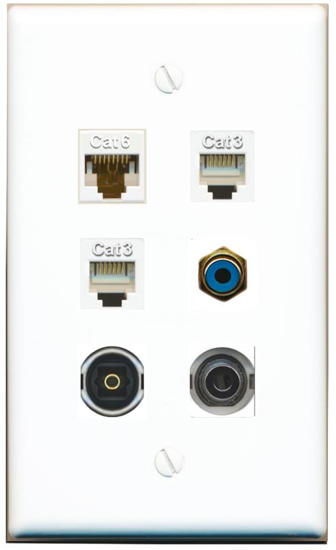  3.5mm CAT6 2 PHONE RCA-BLUE TOSLINK Flat/Solid Wall Plate [White]