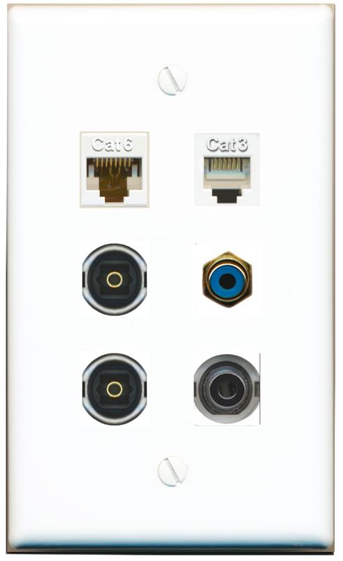  3.5mm CAT6 PHONE RCA-BLUE 2 TOSLINK Flat/Solid Wall Plate [White]