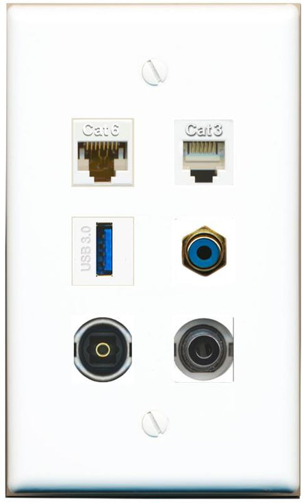  3.5mm CAT6 PHONE RCA-BLUE TOSLINK USB-3 Flat/Solid Wall Plate [White]