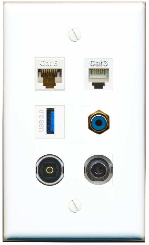  3.5mm CAT6 PHONE RCA-BLUE TOSLINK USB-3 Flat/Solid Wall Plate [White]