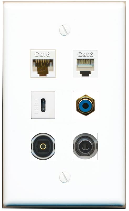  3.5mm CAT6 PHONE RCA-BLUE TOSLINK USBC Flat/Solid Wall Plate [White]