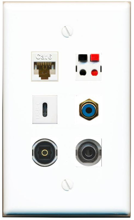  3.5mm CAT6 RCA-BLUE SPEAKER TOSLINK USBC Flat/Solid Wall Plate [White]