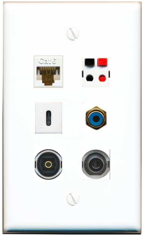 3.5mm CAT6 RCA-BLUE SPEAKER TOSLINK USBC Flat/Solid Wall Plate [White]