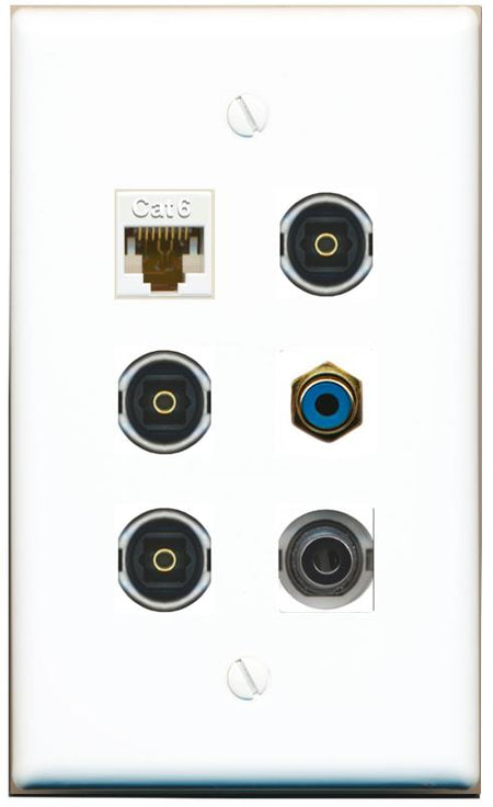  3.5mm CAT6 RCA-BLUE 3 TOSLINK Flat/Solid Wall Plate [White]