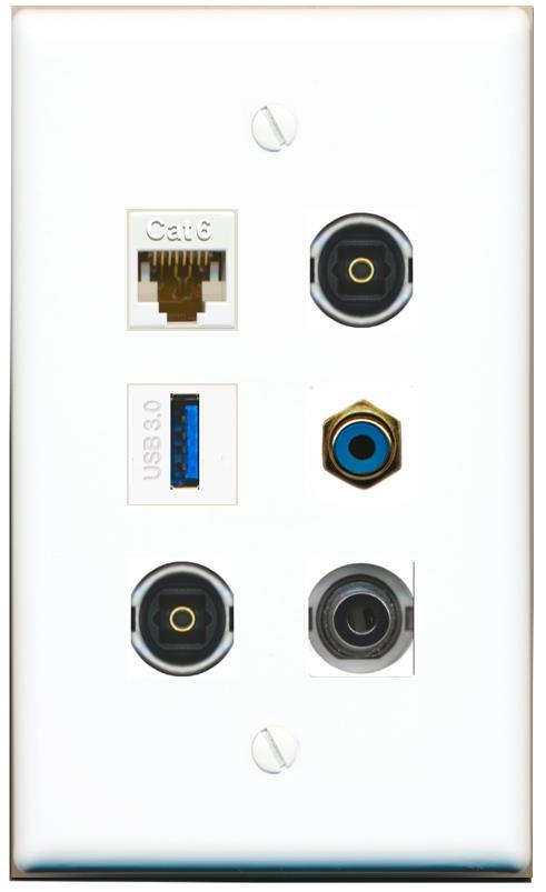  3.5mm CAT6 RCA-BLUE 2 TOSLINK USB-3 Flat/Solid Wall Plate [White]
