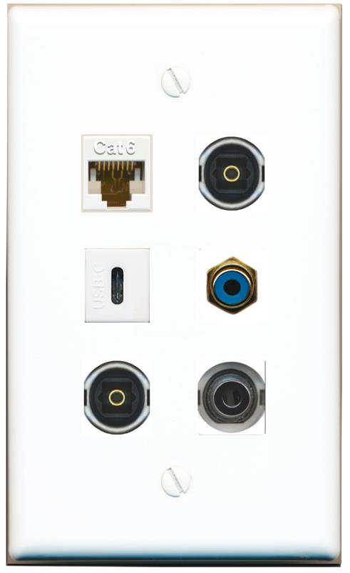  3.5mm CAT6 RCA-BLUE 2 TOSLINK USBC Flat/Solid Wall Plate [White]