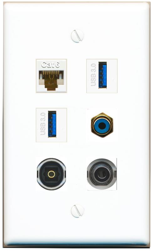  3.5mm CAT6 RCA-BLUE TOSLINK 2 USB-3 Flat/Solid Wall Plate [White]