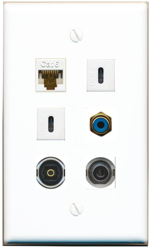  3.5mm CAT6 RCA-BLUE TOSLINK 2 USBC Flat/Solid Wall Plate [White]