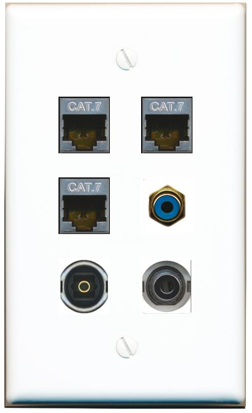  3.5mm 3 CAT7 RCA-BLUE TOSLINK Flat/Solid Wall Plate [White]