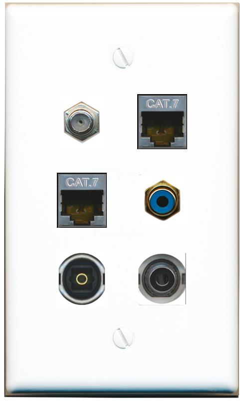  3.5mm 2 CAT7 COAX RCA-BLUE TOSLINK Flat/Solid Wall Plate [White]