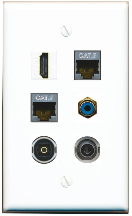  3.5mm 2 CAT7 HDMI RCA-BLUE TOSLINK Flat/Solid Wall Plate [White]