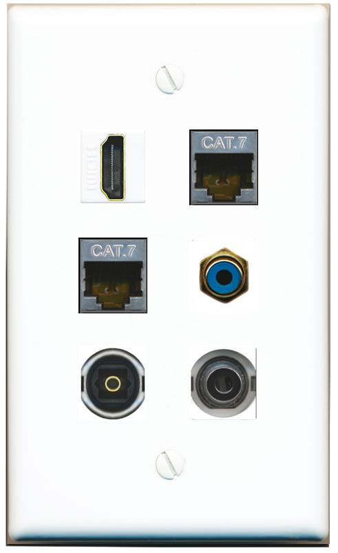  3.5mm 2 CAT7 HDMI RCA-BLUE TOSLINK Flat/Solid Wall Plate [White]