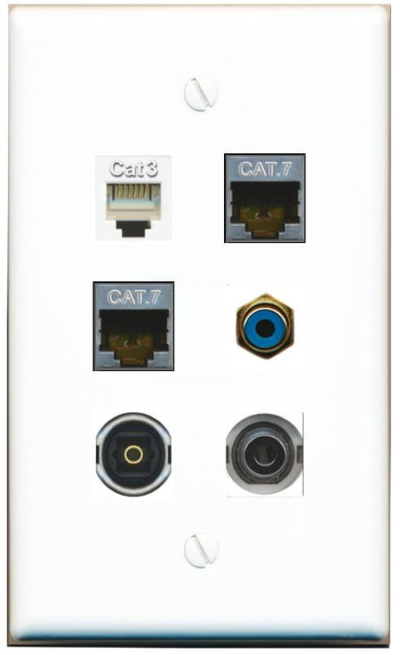  3.5mm 2 CAT7 PHONE RCA-BLUE TOSLINK Flat/Solid Wall Plate [White]