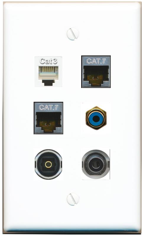  3.5mm 2 CAT7 PHONE RCA-BLUE TOSLINK Flat/Solid Wall Plate [White]
