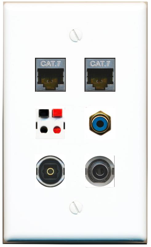  3.5mm 2 CAT7 RCA-BLUE SPEAKER TOSLINK Flat/Solid Wall Plate [White]