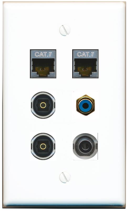  3.5mm 2 CAT7 RCA-BLUE 2 TOSLINK Flat/Solid Wall Plate [White]