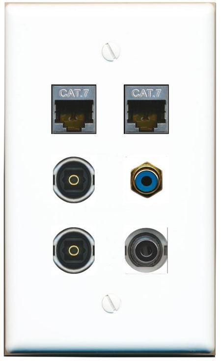  3.5mm 2 CAT7 RCA-BLUE 2 TOSLINK Flat/Solid Wall Plate [White]