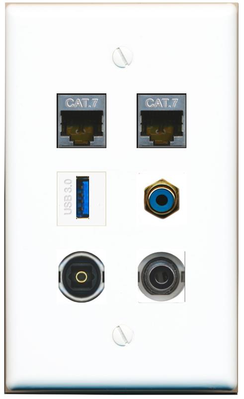  3.5mm 2 CAT7 RCA-BLUE TOSLINK USB-3 Flat/Solid Wall Plate [White]
