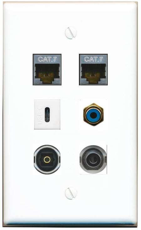  3.5mm 2 CAT7 RCA-BLUE TOSLINK USBC Flat/Solid Wall Plate [White]