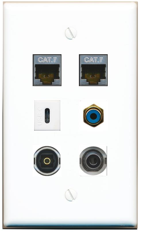  3.5mm 2 CAT7 RCA-BLUE TOSLINK USBC Flat/Solid Wall Plate [White]