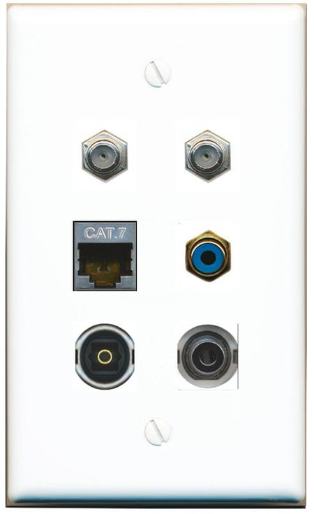  3.5mm CAT7 2 COAX RCA-BLUE TOSLINK Flat/Solid Wall Plate [White]