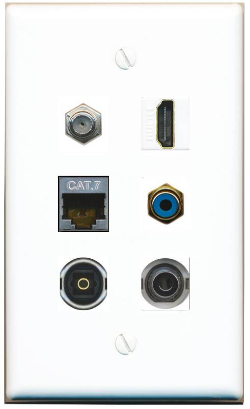  3.5mm CAT7 COAX HDMI RCA-BLUE TOSLINK Flat/Solid Wall Plate [White]