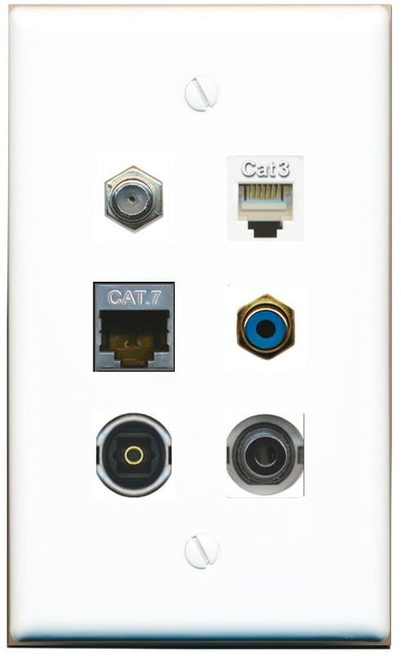  3.5mm CAT7 COAX PHONE RCA-BLUE TOSLINK Flat/Solid Wall Plate [White]
