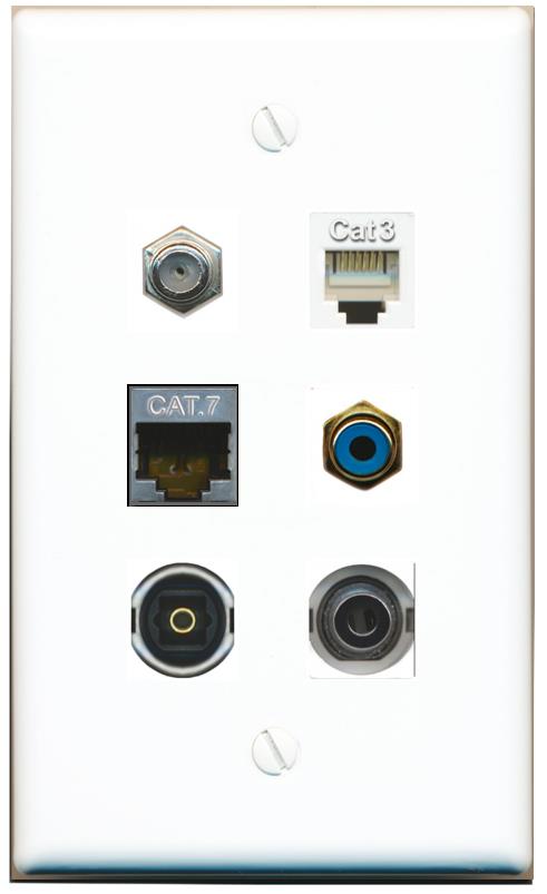  3.5mm CAT7 COAX PHONE RCA-BLUE TOSLINK Flat/Solid Wall Plate [White]
