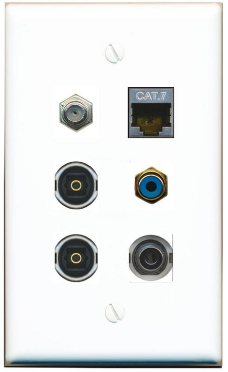  3.5mm CAT7 COAX RCA-BLUE 2 TOSLINK Flat/Solid Wall Plate [White]