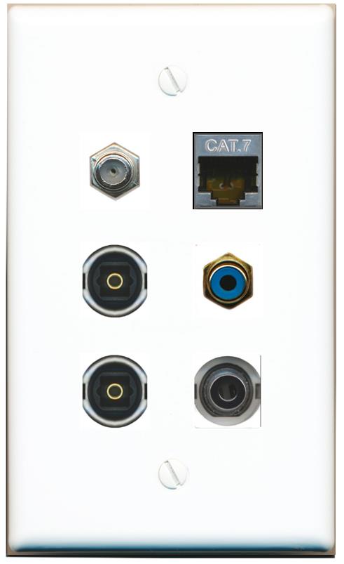  3.5mm CAT7 COAX RCA-BLUE 2 TOSLINK Flat/Solid Wall Plate [White]