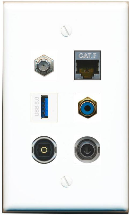  3.5mm CAT7 COAX RCA-BLUE TOSLINK USB-3 Flat/Solid Wall Plate [White]