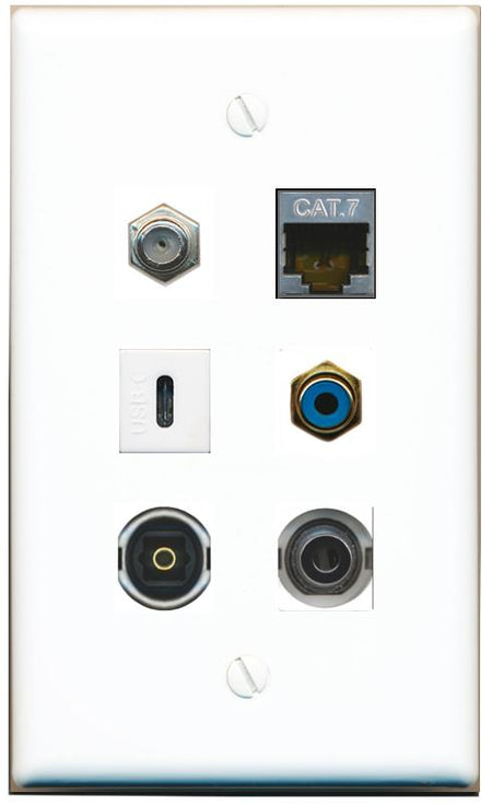  3.5mm CAT7 COAX RCA-BLUE TOSLINK USBC Flat/Solid Wall Plate [White]