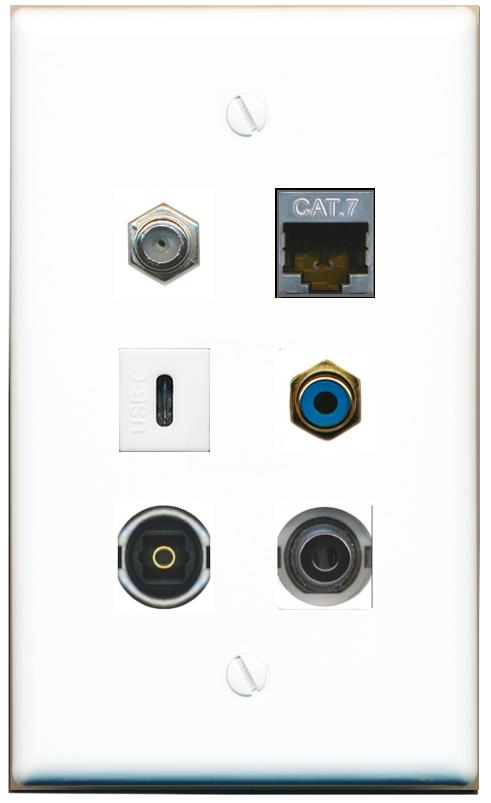  3.5mm CAT7 COAX RCA-BLUE TOSLINK USBC Flat/Solid Wall Plate [White]