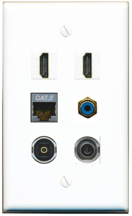  3.5mm CAT7 2 HDMI RCA-BLUE TOSLINK Flat/Solid Wall Plate [White]