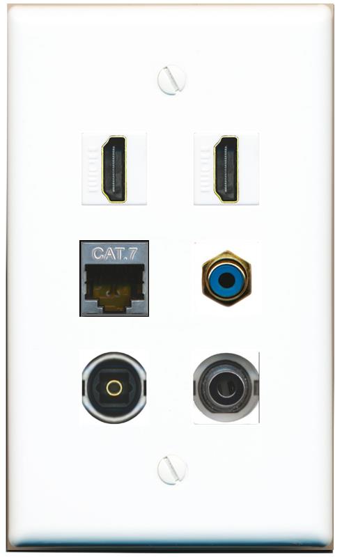  3.5mm CAT7 2 HDMI RCA-BLUE TOSLINK Flat/Solid Wall Plate [White]