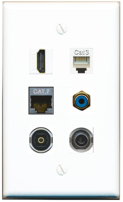 3.5mm CAT7 HDMI PHONE RCA-BLUE TOSLINK Flat/Solid Wall Plate [White]