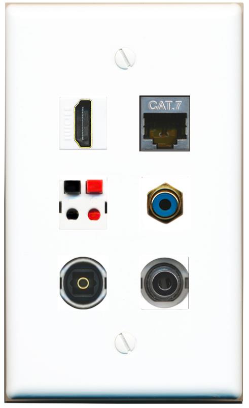  3.5mm CAT7 HDMI RCA-BLUE SPEAKER TOSLINK Flat/Solid Wall Plate [White]