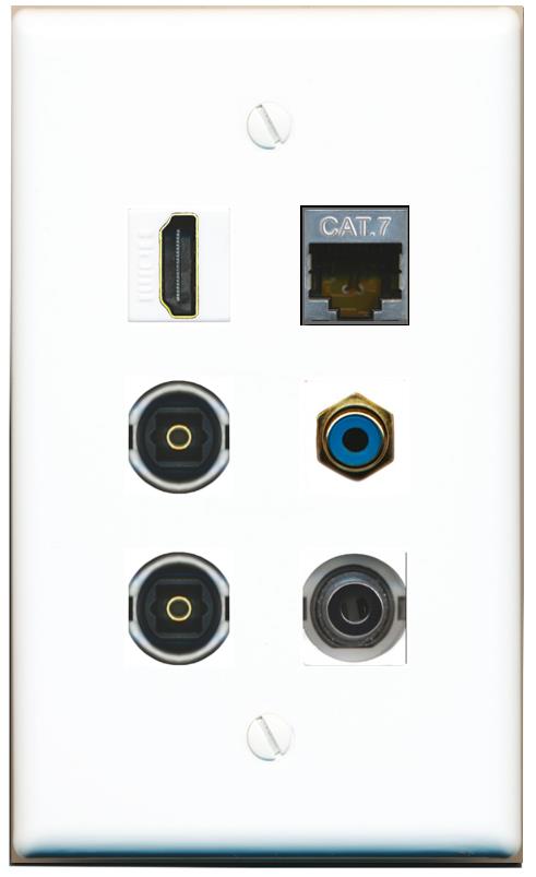  3.5mm CAT7 HDMI RCA-BLUE 2 TOSLINK Flat/Solid Wall Plate [White]