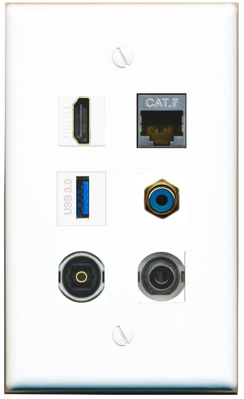  3.5mm CAT7 HDMI RCA-BLUE TOSLINK USB-3 Flat/Solid Wall Plate [White]