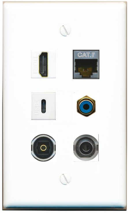  3.5mm CAT7 HDMI RCA-BLUE TOSLINK USBC Flat/Solid Wall Plate [White]