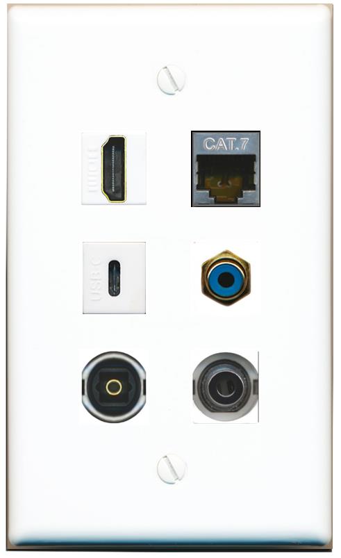  3.5mm CAT7 HDMI RCA-BLUE TOSLINK USBC Flat/Solid Wall Plate [White]