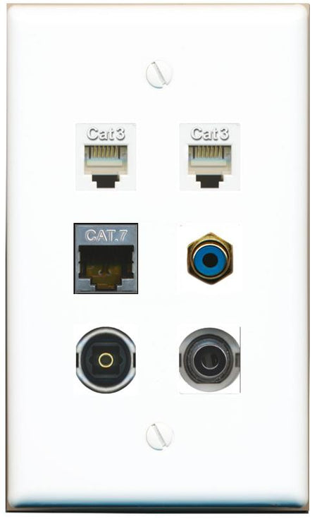  3.5mm CAT7 2 PHONE RCA-BLUE TOSLINK Flat/Solid Wall Plate [White]