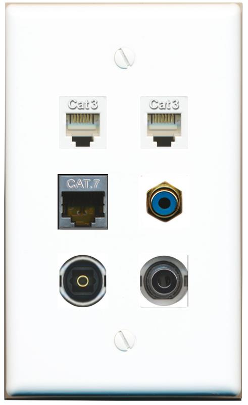  3.5mm CAT7 2 PHONE RCA-BLUE TOSLINK Flat/Solid Wall Plate [White]