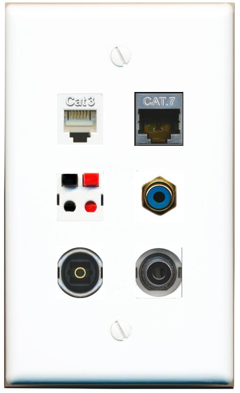  3.5mm CAT7 PHONE RCA-BLUE SPEAKER TOSLINK Flat/Solid Wall Plate [White]