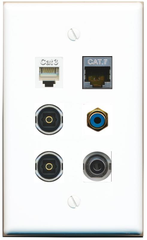  3.5mm CAT7 PHONE RCA-BLUE 2 TOSLINK Flat/Solid Wall Plate [White]